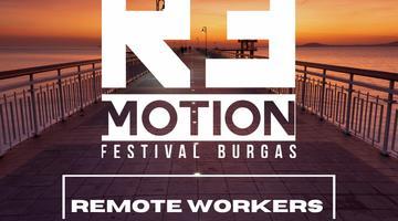 An image promoting the R3 Motion Festival in Burgas. It shows a pier during sunset and invites freelancers and remote workers to visit in June. 