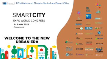A visual of all the many projects participating in the Smart City expo showing some 30 different logos from initiatives and projects supported by the European Commission