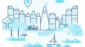 A complex visual including different elments from Re-Value such as a city appearing on the waterfront, green energy generation, in this visual with wind power, a flower representing nature based solutions and a bike for mobility. 