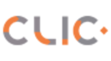 A logo saying click in Organce and grey. 