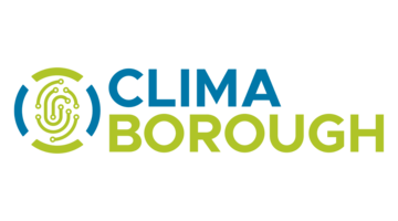 CLIMABOROUGH logo, including a circle of green and blue, and what appears to be paths inside. 
