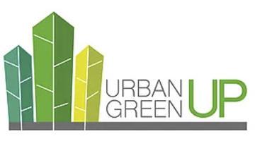 A logo with three green buildings on the left side and the text Urban Green UP