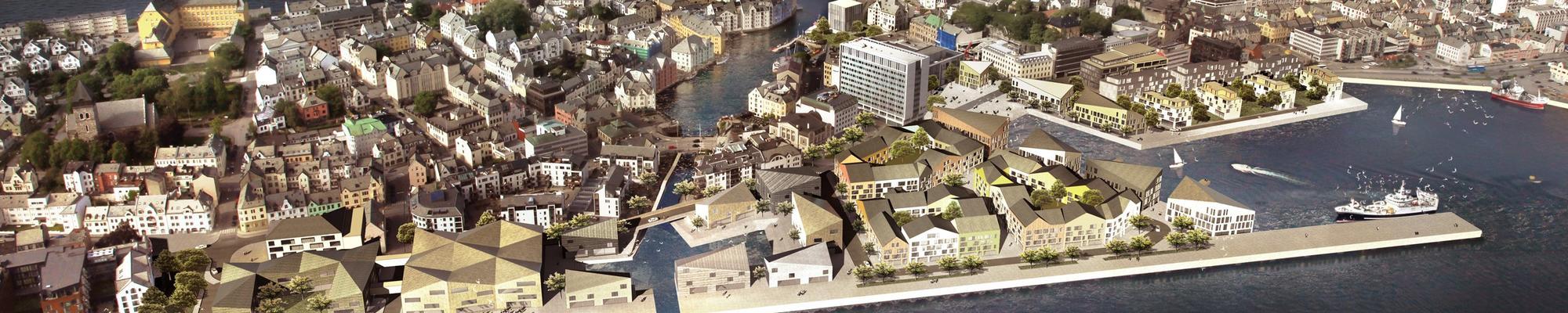 The picture is a visualistion from above of how the Sørsida area might look in the future. It show the city of Ålesund and what appears to be a seriies of new buildings on the waterfront area.