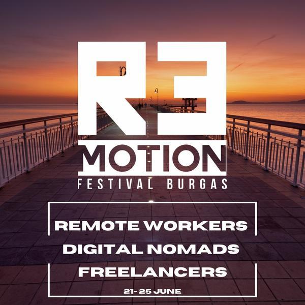 An image promoting the R3 Motion Festival in Burgas. It shows a pier during sunset and invites freelancers and remote workers to visit in June.
