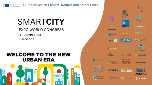 A visual of all the many projects participating in the Smart City expo showing some 30 different logos from initiatives and projects supported by the European Commission