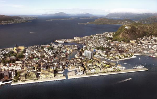 Interpretation of a possible future in Ålesund. The picture is a visualistion from above of how the Sørsida area might look in the future. It show the city of Ålesund and what appears to be a seriies of new buildings on the waterfront area.