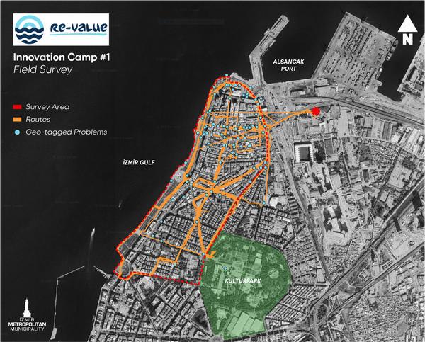 A map of a part of Izmir, showing an aread marked by a red line, multuple routes marked by Orange and then blue dots representing issues marked by students