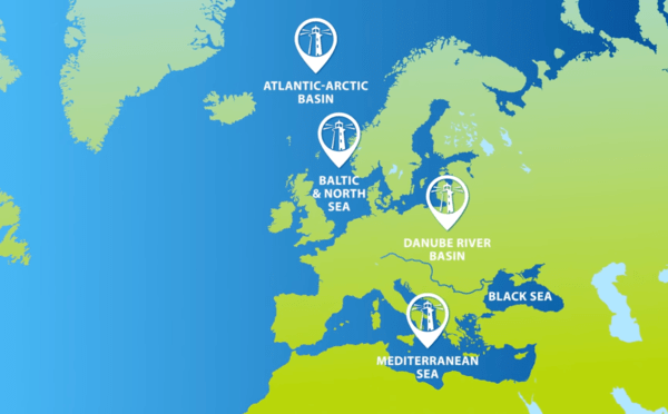 A drawing of a map showcasing different bodies of water